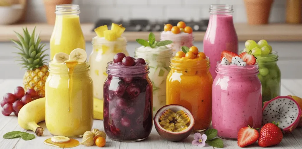 Frascos de yogurt de fruta: piña, plátano, arándano, maracuyá, fresa y pitahaya