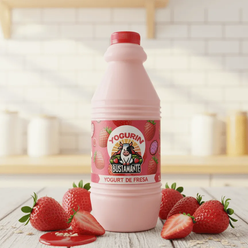 Botella de yogurt de fresa Yogurin con fresas frescas